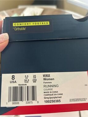 Reebok Verse Women's Running Shoe Box Label in Grey, Purple, Red